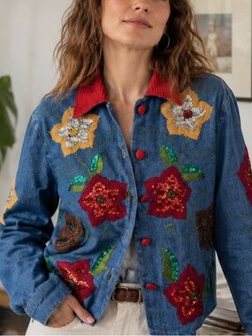 Vintage Y2K Blue Bayou Sequin Embroidered Floral Denim Jacket S